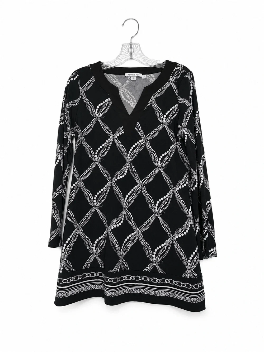 White House Black Market Black White Chain Print Tunic Top Size M Long Sleeve